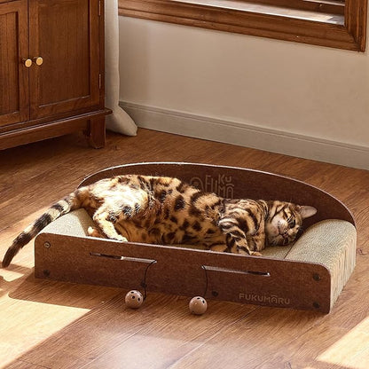 FUKUMARU 26 Inch Cat Scratcher Bed, 2 Reversible Cardboard Cat Scratch Pads Refill for Indoor Cats, Durable Large Cats Scratching Bed Sofa Couch Lounger with Fun Toys, Furniture Protector, Caramel