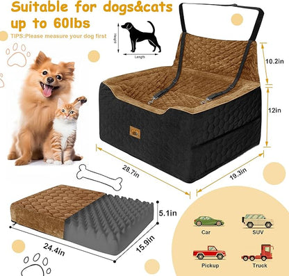 Dog Car Seat for Medium/Large Dog Booster Seat Under 60 lbs or 2 Small Dogs, Multi-Functional Pet Car Seat with Thick Cushion, 2 Safety Leashes(BlackBrown)