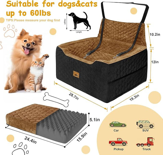 Dog Car Seat for Medium/Large Dog Booster Seat Under 60 lbs or 2 Small Dogs, Multi-Functional Pet Car Seat with Thick Cushion, 2 Safety Leashes(BlackBrown)