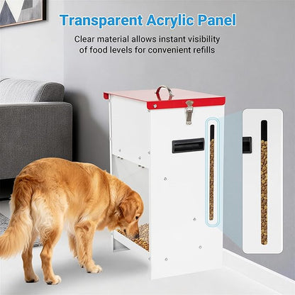 Metal Automatic Dog Feeder - 50LBS Capacity Automatic Gravity Dispenser, Powder Coated & Waterproof for Indoor & Outdoor Use, 16.1" L x 12.2" W x 27.8" H, Red and White