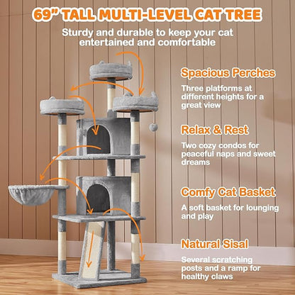 Yaheetech | 68.5in Cat Tree | for Large Cats | Multi-Level Cat Tower with 3 Wide Perches, Large Condo | Stable Pet Play House w/Sisal-Covered Scratching Posts & Board | Light Gray