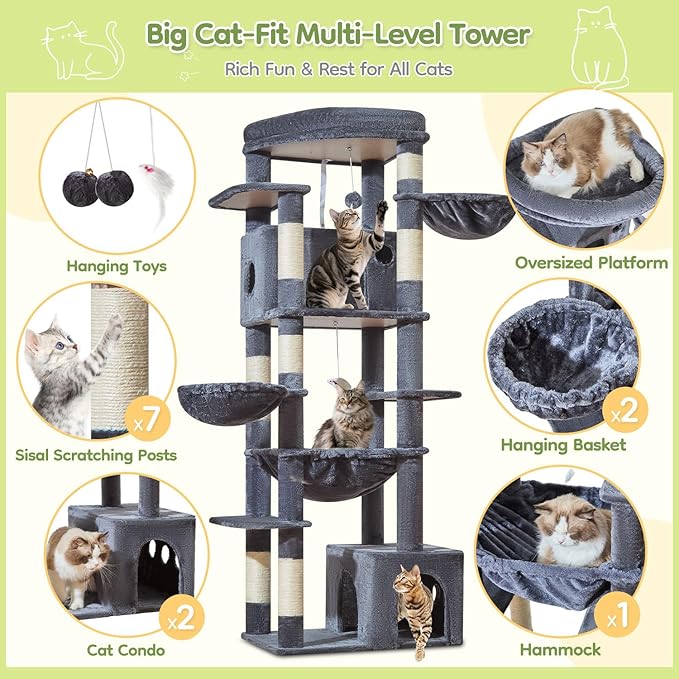 Taoqimiao 72 Inch Cat Tree, XXL Cat Tower for Indoor Cats Large Adult 25Lbs+, Extra-Large Platform, 2 Cat Houses, 7 Scratching Post, Extra-Sized Durable Hammock, Cozy Basket, Smoky Gray, F20G