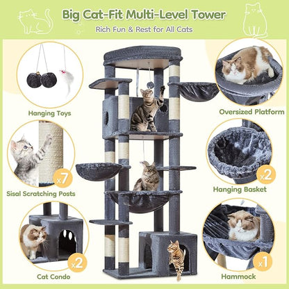 Taoqimiao 72 Inch Cat Tree, XXL Cat Tower for Indoor Cats Large Adult 25Lbs+, Extra-Large Platform, 2 Cat Houses, 7 Scratching Post, Extra-Sized Durable Hammock, Cozy Basket, Smoky Gray, F20G