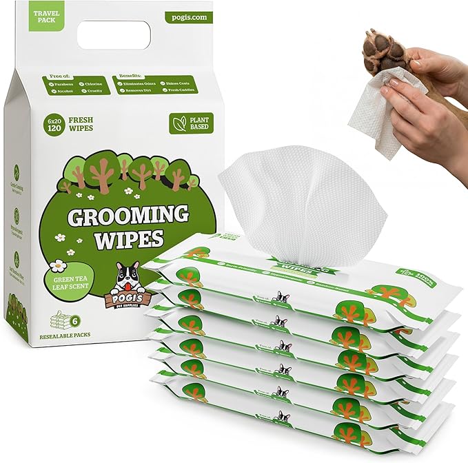 Pogi’s Dog Wipes Travel Packs – Hypoallergenic Pet Wipes for Paws, Body & Butt – Cleaning & Hydrating, Green Tea Scent, 120-Count