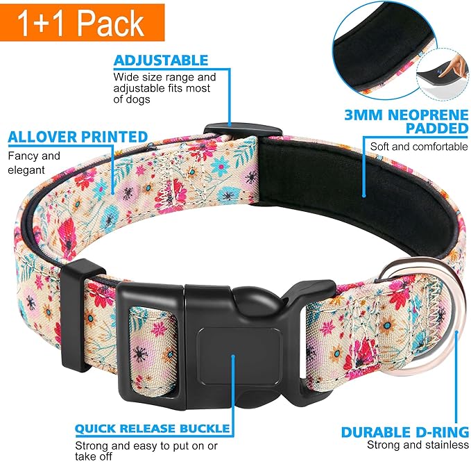 Reflective Dog Collar Padded with Soft Neoprene Breathable Adjustable Nylon Dog Collars for Small Medium Large Dogs (Small (Pack of 1), Vanila/Pink Floral Collar+Leash)
