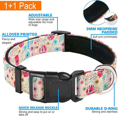 Reflective Dog Collar Padded with Soft Neoprene Breathable Adjustable Nylon Dog Collars for Small Medium Large Dogs (Small (Pack of 1), Vanila/Pink Floral Collar+Leash)