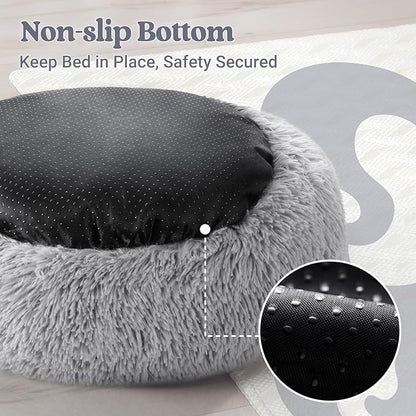rabbitgoo Dog Bed for Small, 24 inches Machine Washable, Fluffy Donut Pet Bed Anti-Slip, Calming Soft Plush Round Cushion, Fits up to 18 lbs Pets, Light Grey