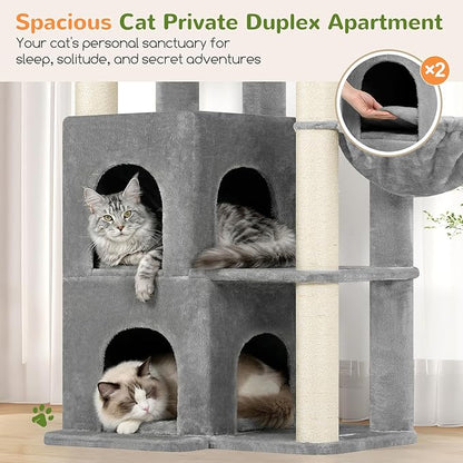 Globlazer Cat Tree Tower for Indoor Cats, Sturdy Adult Cat Tree House for Large Adult Cats with 2 Platform, 6 Cat Scratching Post, 2 Cat Caves, Dangling Toys, S63, 63 inch, Light Grey