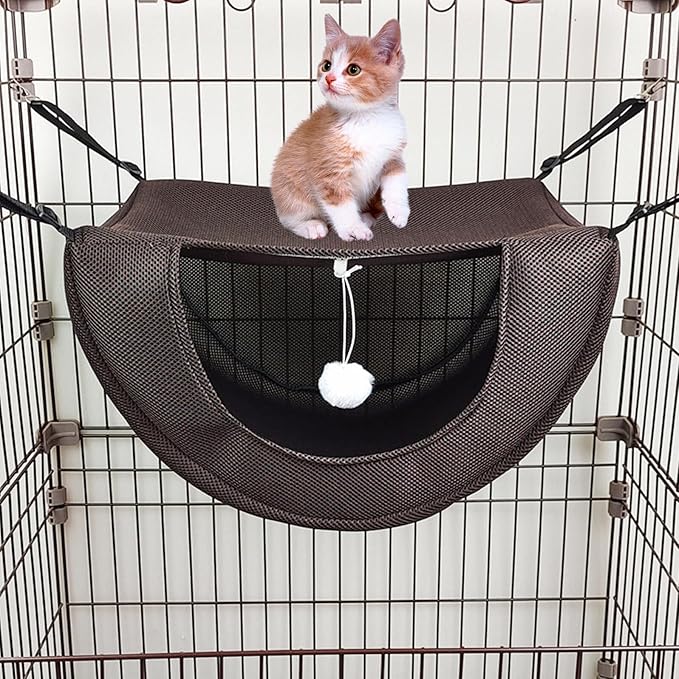 Small Coffee Breathable Mesh Cat Cage Hammock Bed, Machine Washable Summer Pet Sleeping Nest for Kittens and Small Pets