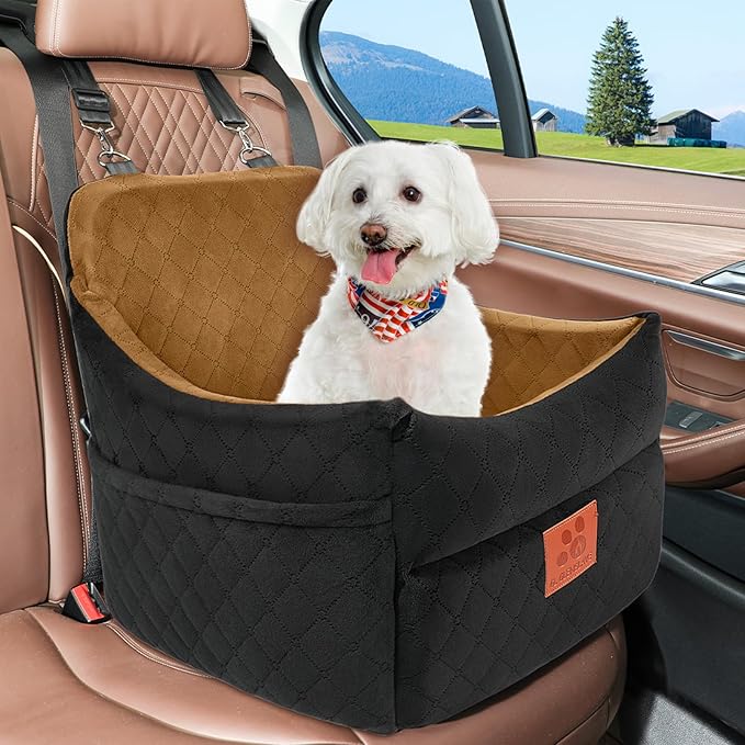 GL GLENSLAVE Dog Car Seat for Small/Medium Dogs, Dog Booster Car Seats with Thick Cushion for Dogs Under 35lbs, Detachable Washable Pet Carseat with Storage Pockets, 2 Safety Belts(Black/Coffee)