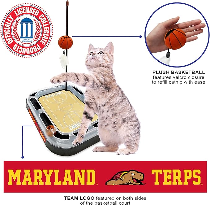 Cat Scratch Toy NCAA Maryland Terrapins Reversible Basketball Court Felt/Cardboard Cat Scratcher Toy. Interactive Cat Ball Bell in Tracks. 6-in-1 CAT Toy: Cat Wand Poll Catnip-Filled Plush Basketball