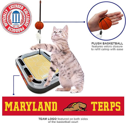 Cat Scratch Toy NCAA Maryland Terrapins Reversible Basketball Court Felt/Cardboard Cat Scratcher Toy. Interactive Cat Ball Bell in Tracks. 6-in-1 CAT Toy: Cat Wand Poll Catnip-Filled Plush Basketball