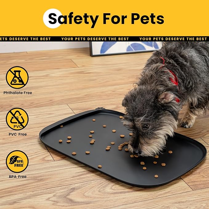Silicone Dog Food Mat with Side Pocket & Hook Hole, Soft Raised Edges, Easy Clean Waterproof Non-Slip Pet Feeding Mat for Cats and Dogs Water Bowl, Pets Accessories(18"x12",Black)