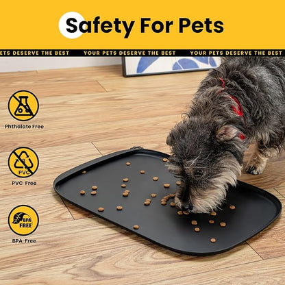 Silicone Dog Food Mat with Side Pocket & Hook Hole, Soft Raised Edges, Easy Clean Waterproof Non-Slip Pet Feeding Mat for Cats and Dogs Water Bowl, Pets Accessories(18"x12",Black)