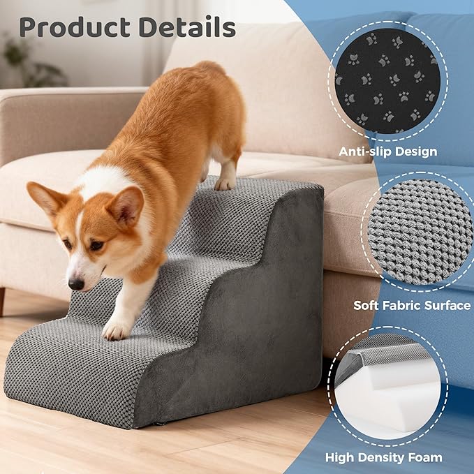 DUMOS Dog Stairs Ramp for Small Dogs and Cats, 3-Step Curved Pet Dog Steps with High-Density Foam for Puppy and Older Cats, Indoor Non-Slip Pet Ladder Ramp Stairs for Couch, High Beds, Sofa, Car, Grey