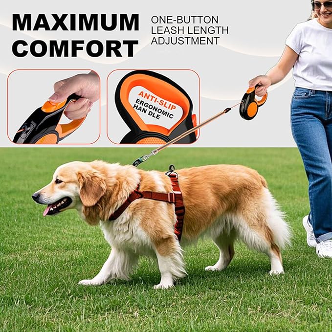Durable Retractable Dog Leash with Safety Lock 16ft Adjustable Length, Ergonomic Grip & Tangle-Free Design for Small to Large Dogs up to 50/115 lbs