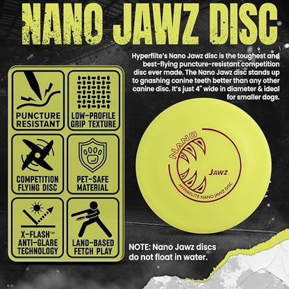 Hyperflite Nano Jawz Disc Dog Disc 4” (24g) | Official Skyhoundz Mini Flying Disc for Small Dogs & Puppies | Long-Flying, Lightweight Chase Dog Toy for Backyard, & Beach | Anti-Glare - Yellow
