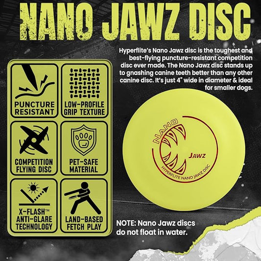 Hyperflite Nano Jawz Disc Dog Disc 4” (24g) | Official Skyhoundz Mini Flying Disc for Small Dogs & Puppies | Long-Flying, Lightweight Chase Dog Toy for Backyard, & Beach | Anti-Glare - Yellow