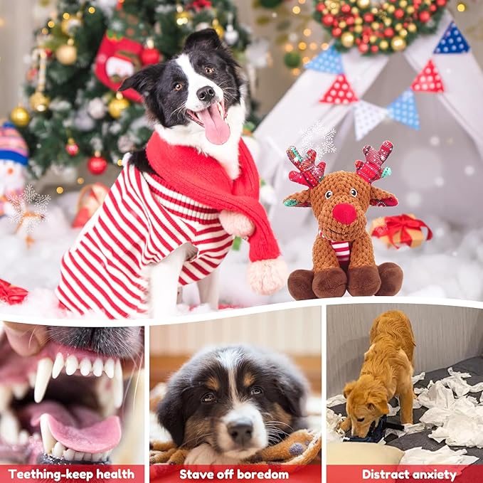 Christmas Dog Toys, Squeaky Dog Toys with Crinkle Paper, Interactive Plush Puppy Chew Toys, Cute Reindeer Dog Funny Toys, Dog Gifts for Small, Medium, Large Breed