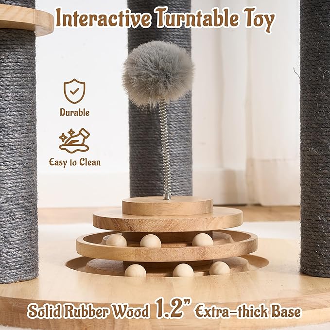 Modern Cat Tree Tower with Scratching Post, 61.5in Tall Cat Tree for Indoor Cats, Multi-Level Solid Wood Cat Furniture with Cozy Cat Beds, Cat Condo, Hammock, Capsule Nest, Turntable Toy, Gray