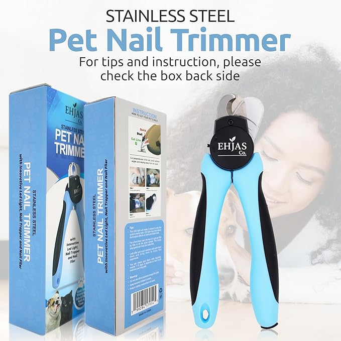 Dog Nail Clippers with LED Light & Quick Sensor, Pet Nail Trimmer with Safety Guard, Nail Catcher & Filer, Professonal Grooming Clippers for Dogs & Cats (Blue)