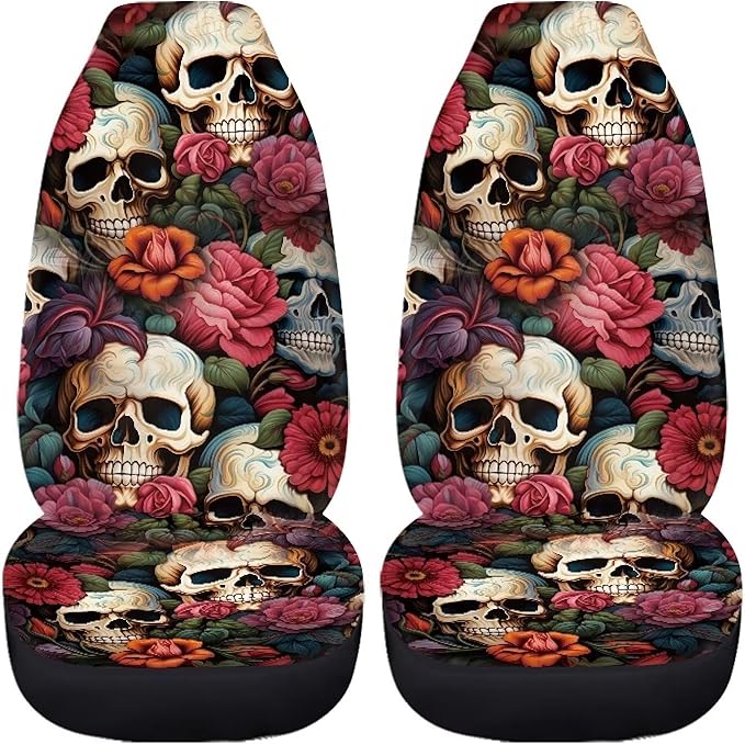 Floral Skull Car Seat Covers for Front Seats SUV Truck Van Sedans Bucket Seat Covers for Women Men, Washable and Breathable Car Accessories Seat Protector