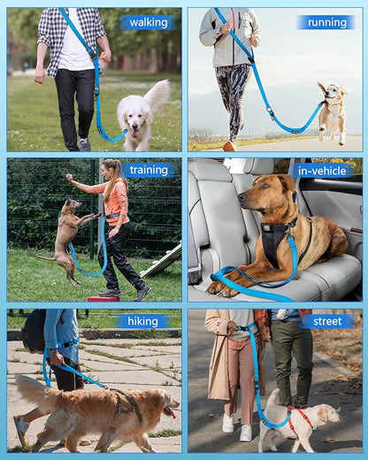 Hands Free Dog Leash, Multifunctional Crossbody Leash, Long Waist Dog Belt with Car Safety Buckle and Double-Sided Reflective Stitches（Blue 5.3-7.9ft-Medium）