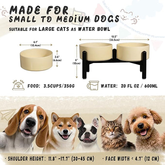 Ceramic Elevated Dog Bowl Set - Dog Feeder Station with Cute-Style Double Bowls for Small and Medium Size Breed - Non-Slip Raised Dish for Food and Water Feeding- 6 Inch - 3.5 Cups / 20 fl oz - Khaki