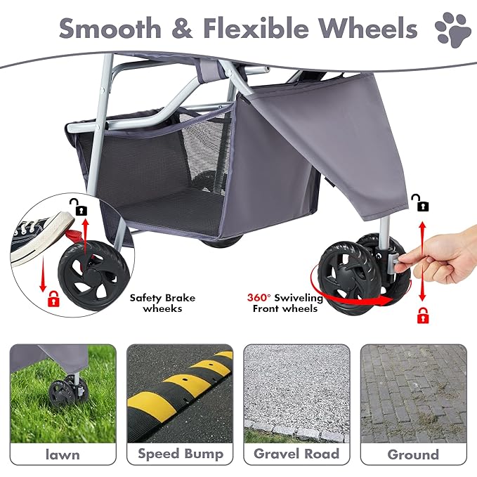 Sweetcrispy 3 Wheels Pet Stroller for Small Dogs and Cats – Foldable Dog Stroller with Mesh Windows, Storage Basket & Cup Holder, Lightweight & Durable Pet Carrier for Travel, Outdoor Use, Grey