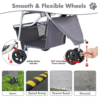 Sweetcrispy 3 Wheels Pet Stroller for Small Dogs and Cats – Foldable Dog Stroller with Mesh Windows, Storage Basket & Cup Holder, Lightweight & Durable Pet Carrier for Travel, Outdoor Use, Grey