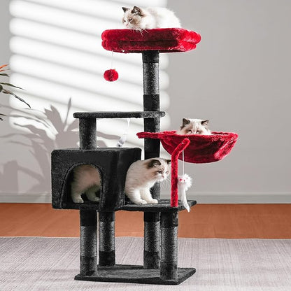 Heybly Cat Tree with Toy, Cat Tower Condo for Indoor Cats, Cat House with Padded Plush Perch, Cozy Hammock and Sisal Scratching Posts, Black and Red HCT004SBR