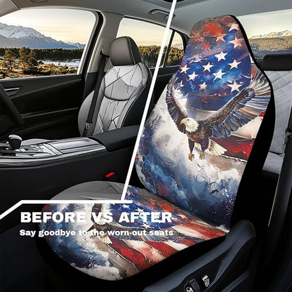 Waterproof Car Seat Cover Elastic Fabrics American Flag Eagle Car Front Seat Protector Breathable Car Seat Cover Easy Installation Universal for Cars Truck SUV Van