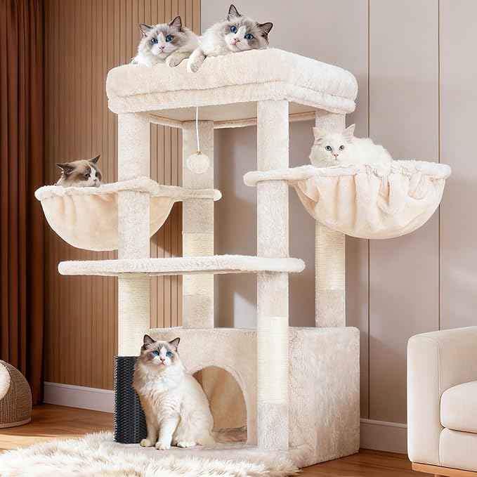 Hey-brother Cat Tree Tower with Extra Large Platform, Spacious Condo, 2 Cozy Hammocks, Self-Grooming Brush, Sisal Scratching Posts for Big Indoor Adult, Maine Coon, 35.4 Inches, Beige MPJ060M