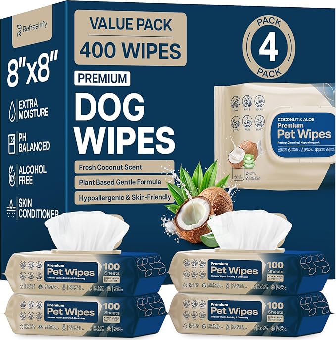 Dog Wipes for Paws and Butt - Coconut Scented (Pack of 400) - Pet Wipes for Dogs and Cats - Deodorizing Non Toxic Dog Wipes, +12 Additional Travel Wipes