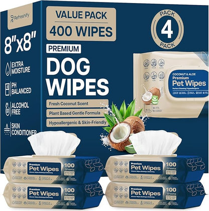 Dog Wipes for Paws and Butt - Coconut Scented (Pack of 400) - Pet Wipes for Dogs and Cats - Deodorizing Non Toxic Dog Wipes, +12 Additional Travel Wipes