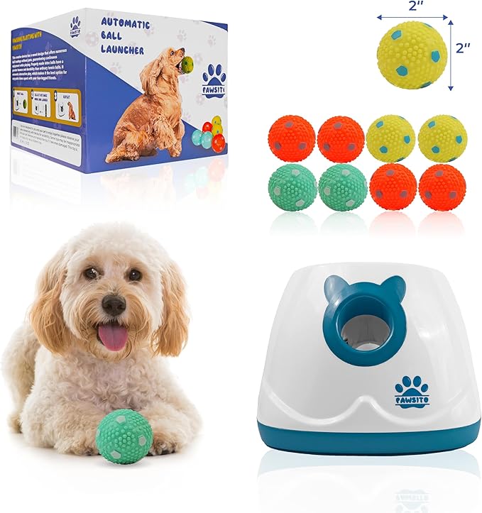 Automatic Dog Ball Launcher for Medium and Small Size Dogs, Interactive Fetch Machine for Indoor and Outdoor Play with 10 PCS Latex Balls, Dual Power Mode Ball Thrower, Dog Toy