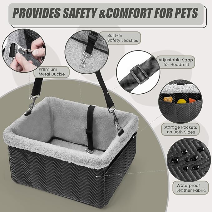 Leather Dog Car Seat for Small Dogs Under 20lbs, Dog Booster Seat with Metal Frame Construction Double-Layer Oxford Puppy Car Seats with Safety Leash Perfect for Small Pets Dogs Cats