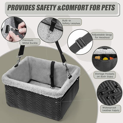 Leather Dog Car Seat for Small Dogs Under 20lbs, Dog Booster Seat with Metal Frame Construction Double-Layer Oxford Puppy Car Seats with Safety Leash Perfect for Small Pets Dogs Cats