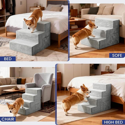 Dog Stairs for Small Dogs, 3-Step Dog Ramp for Bed 13.7" H, Dogs Steps for Bed, Couch, Pet Stairs with Non-Slip Bottom Design,High Density Foam Portable Pet Steps, Light Grey