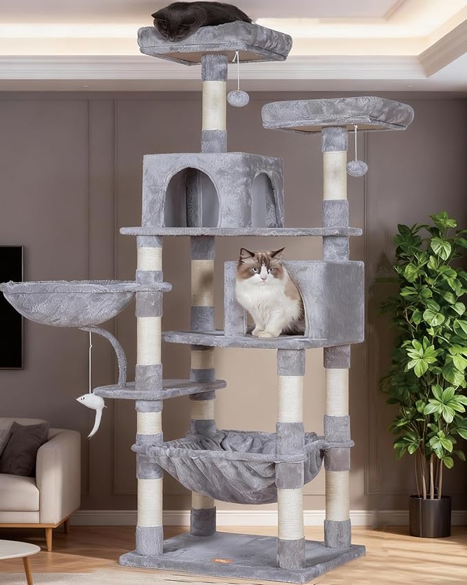 Heybly Cat Tree, 70 inches Tall Cat Tower Condo with Toy for Indoor Large Cats, Cat House Furniture with Padded Plush Perch, Cozy Hammock and Sisal Scratching Posts, Light Gray HCT032W