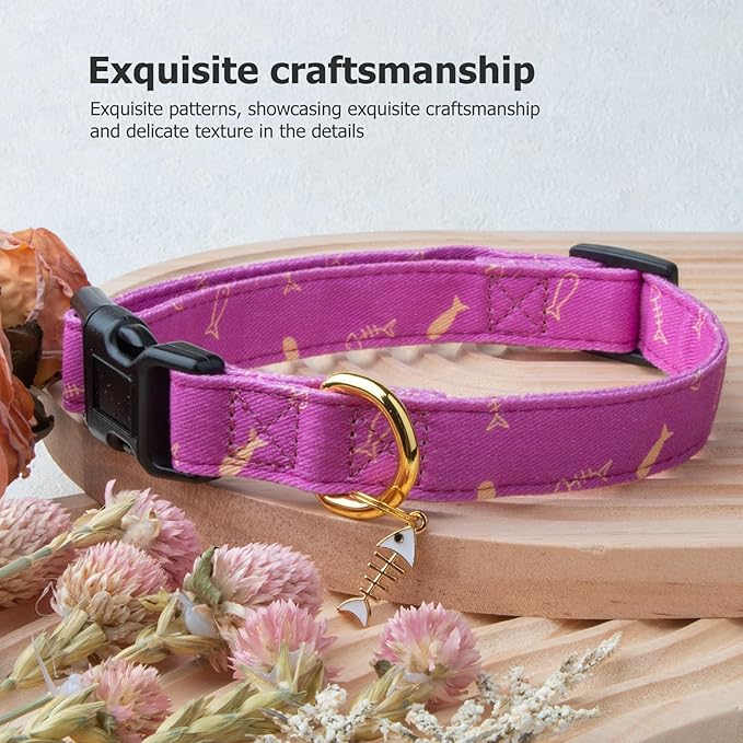 Cotton Handmade Dog Collar Cute and Distinctive Patterns Purple Fish with Pendant for Girl Boy Dogs Collars M