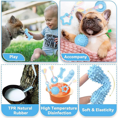Petcare 6 Pack Puppy Chew Toys - Blue, Soft Rubber Rope & Bone Ball Teething Toys for Small Dogs & Puppies, Including Yorkie