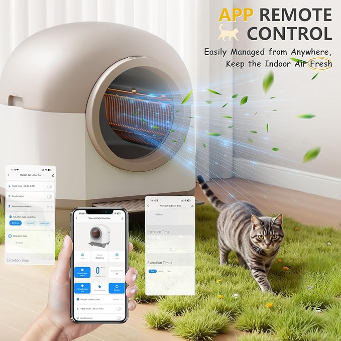 WARCAT Self Cleaning Litter Box Automatic, 90 L Automatic Cat Litter Box for Multiple Cats APP-Controlled with Smart Sensors, Safety Protection,Mat,1 Roll Garbage Bag (Brown)