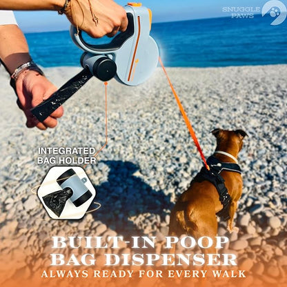 Snuggle Paws Retractable Dog Leash 16ft Heavy-Duty – All-in-One Leash with LED Flashlight, Poop Bag Holder & Chew-Proof Steel Cable Extension – Tangle-Free Design for Small to Large Dogs up to 66 lbs