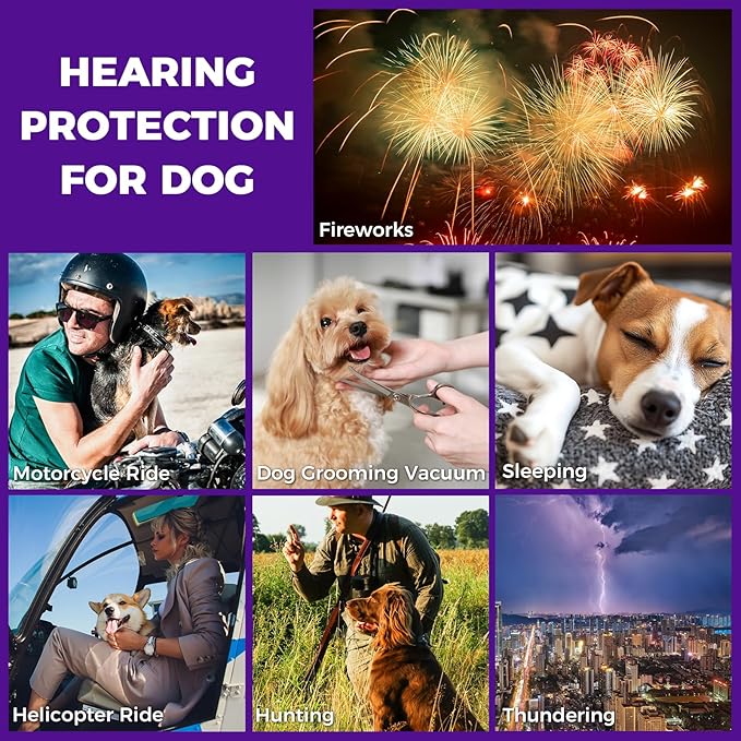 New Dog Ear Muffs for Noise Protection - 30dB NRR Dog Headphones, Noise Cancelling Hearing Protection Against Thunder/Fireworks/Vacuums, Upgraded Design with Bell Accent (Purple, Large)