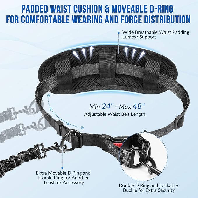 SlowTon Hands Free Dog Leash 2 Dogs - with Removable Zipper Pouch, Shock Absorbing Bungee, Dual Handle & Reflective Stitches, Wide Padded Adjustable Waist Leash for Dogs Walking Running, XL for 2 Dogs