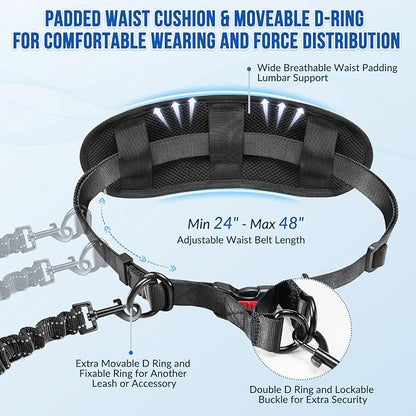 SlowTon Hands Free Dog Leash 2 Dogs - with Removable Zipper Pouch, Shock Absorbing Bungee, Dual Handle & Reflective Stitches, Wide Padded Adjustable Waist Leash for Dogs Walking Running, XL for 2 Dogs