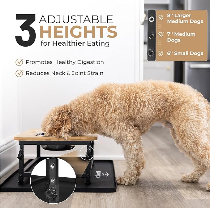 Adjustable Elevated Dog Bowls – Raised Dog Feeding Station with Bamboo Stand, 2 Stainless Steel Bowls, Slow Feeder Insert & Silicone Mat – Dog Bowls with Stand for Small & Medium Dogs