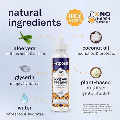 Petpost | Dog Ear Cleaner - Natural Coconut Oil Solution - Best Remedy for Odor - Dog Ear Problems - Chemical & Irritant Free 8 oz.