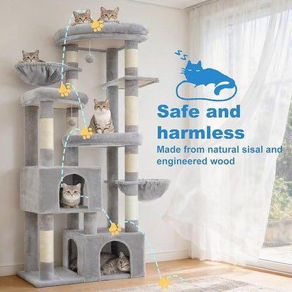 Hey-brother Cat Tree, 67.3 Inches Tower with 3 Soft Platform Beds, 2 Large Condos, 9 Sisal Scratching Posts, 2 Hammocks and Toys, Multi-Level Step House for Multiple Indoor Kittens, Light Gray MPJ084W